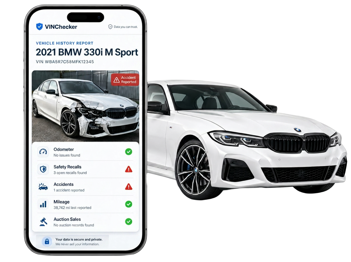 VIN Checker vehicle history report preview on iPhone next to a BMW