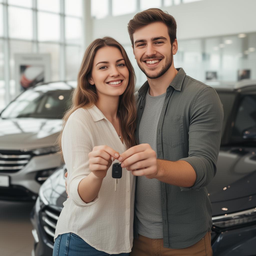 Confident car buyers receiving keys