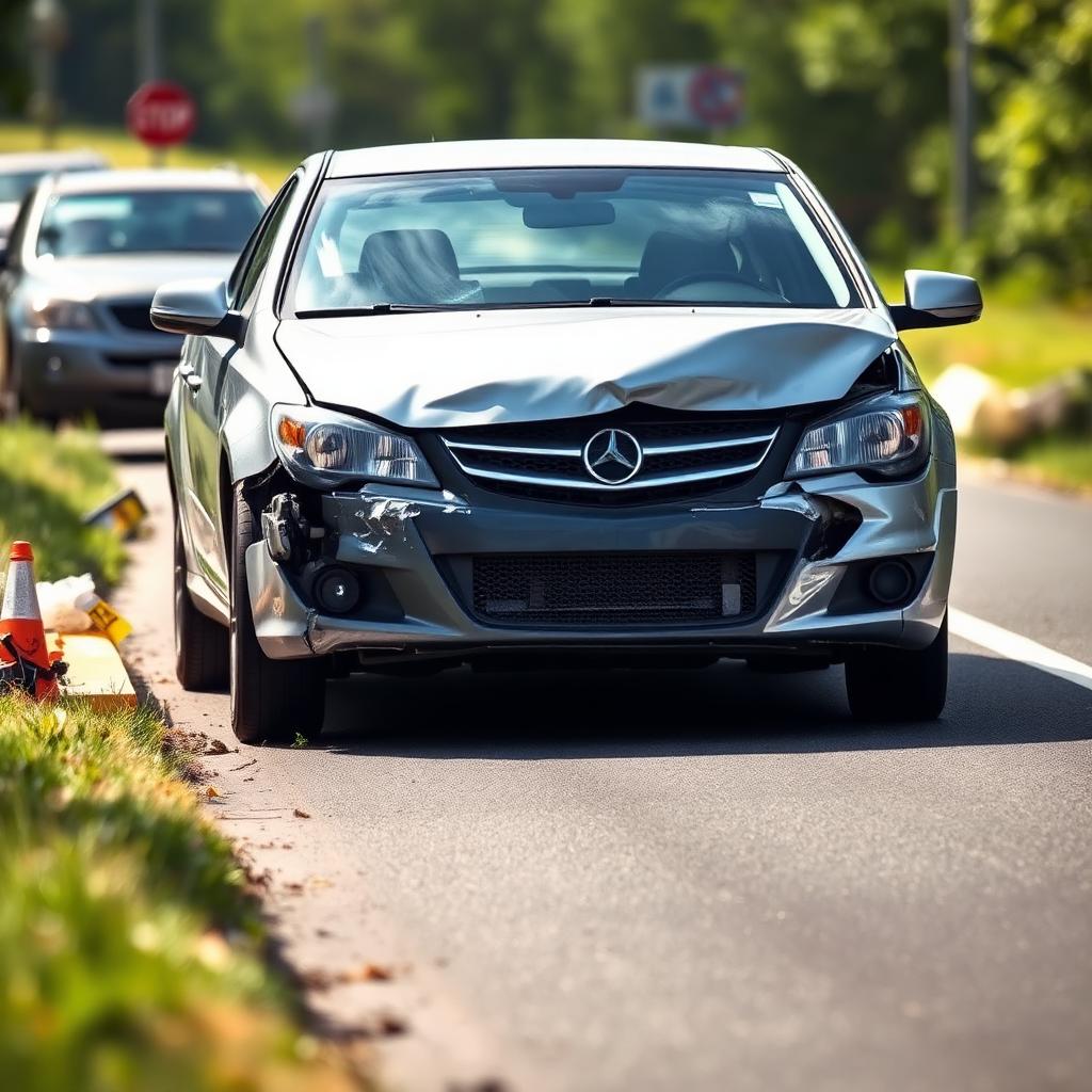 Crashed car with front-end collision damage