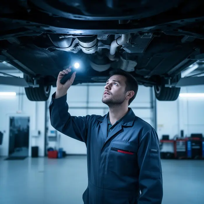 Professional mechanic inspecting a used car