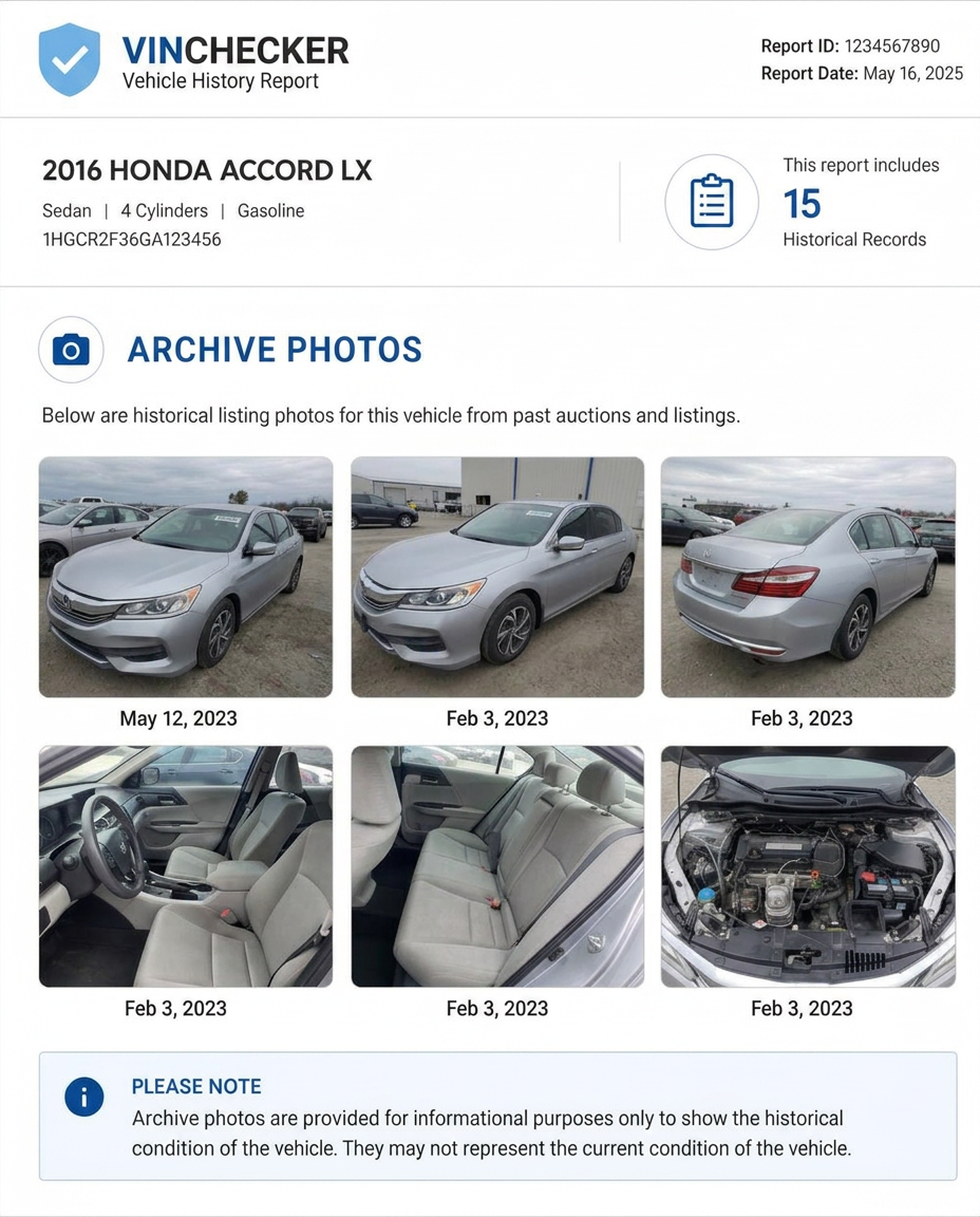 Sample report page showing archive photos of the vehicle from past listings