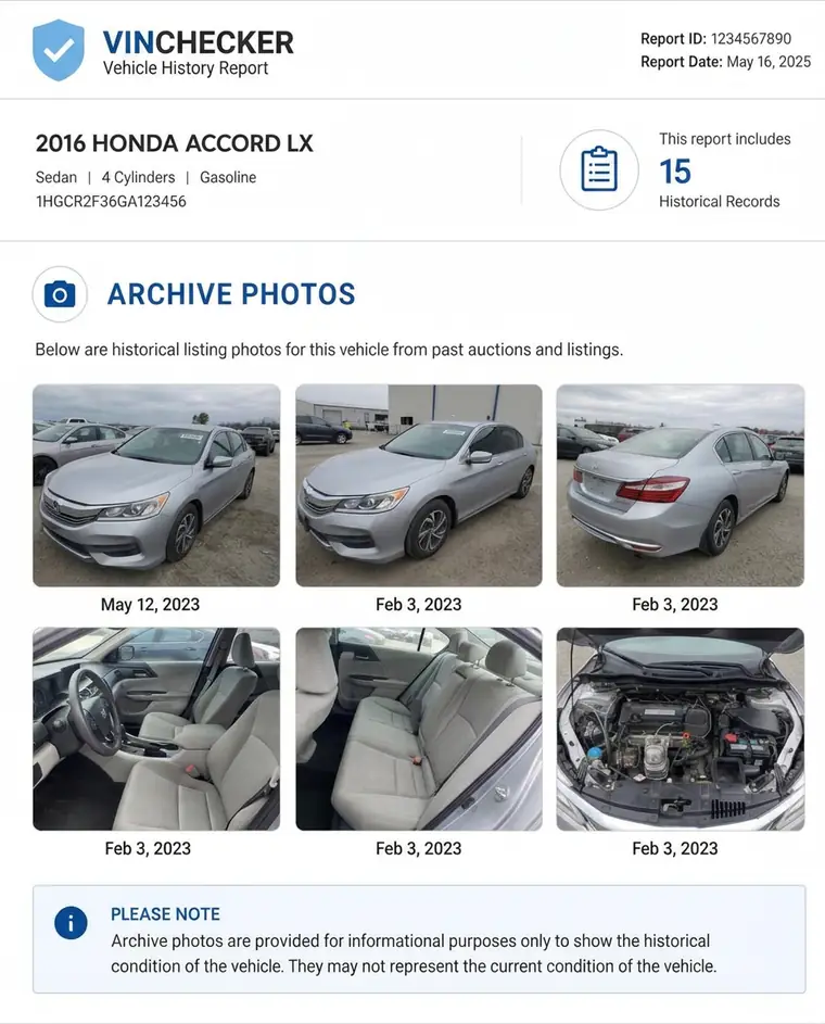Sample report page showing archive photos of the vehicle from past listings